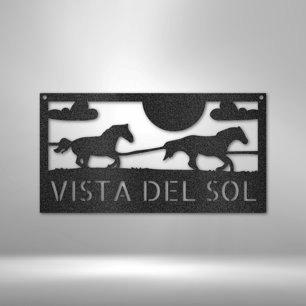 Custom steel sign with horse silhouettes and sunset design featuring personalized ranch name