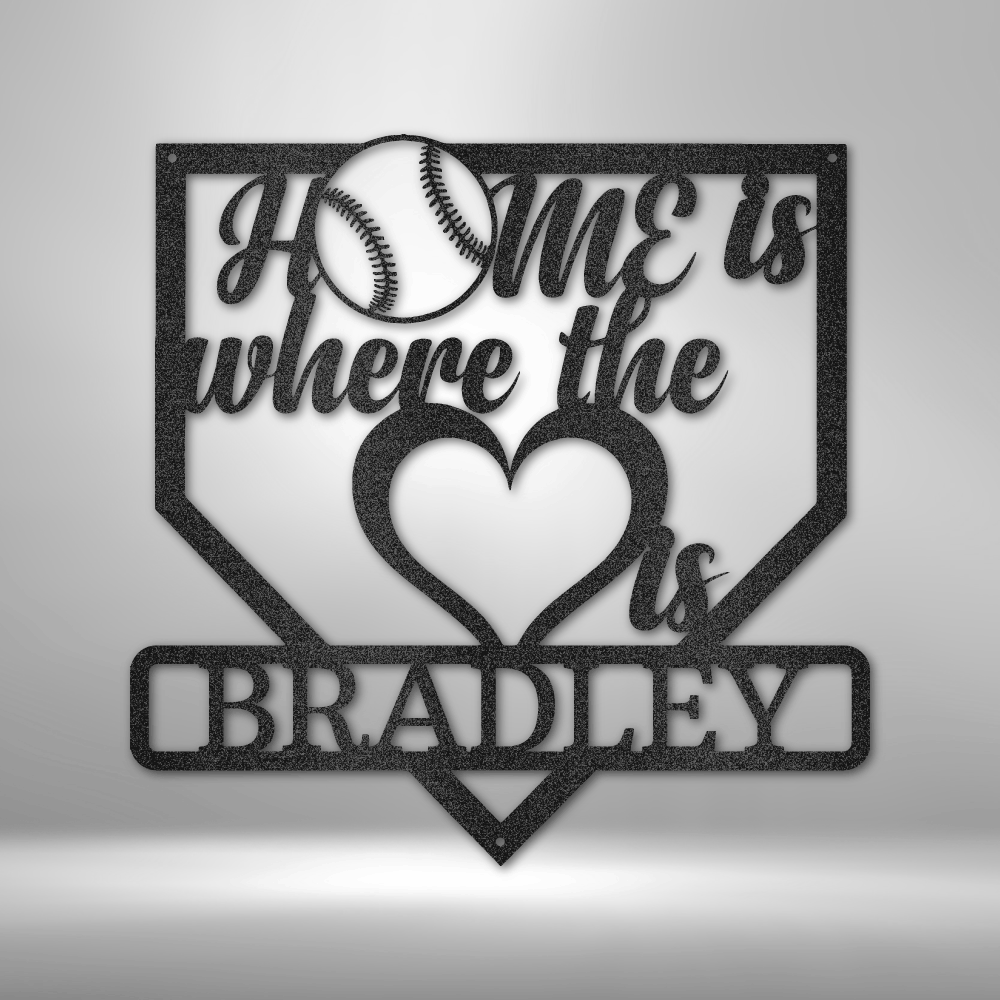 Custom baseball home plate steel sign with heart and name, personalized wall art made in USA