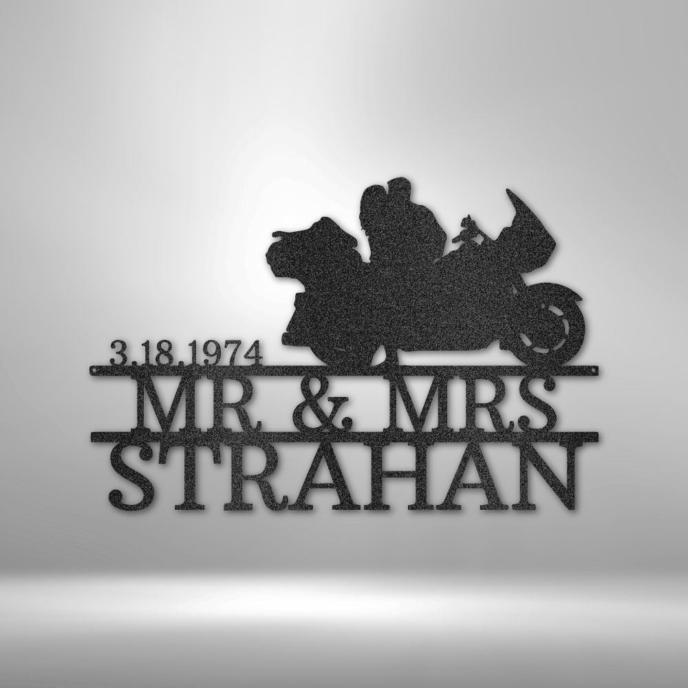 Custom steel sign with touring motorcycle couple silhouette and personalized Mr. & Mrs. text