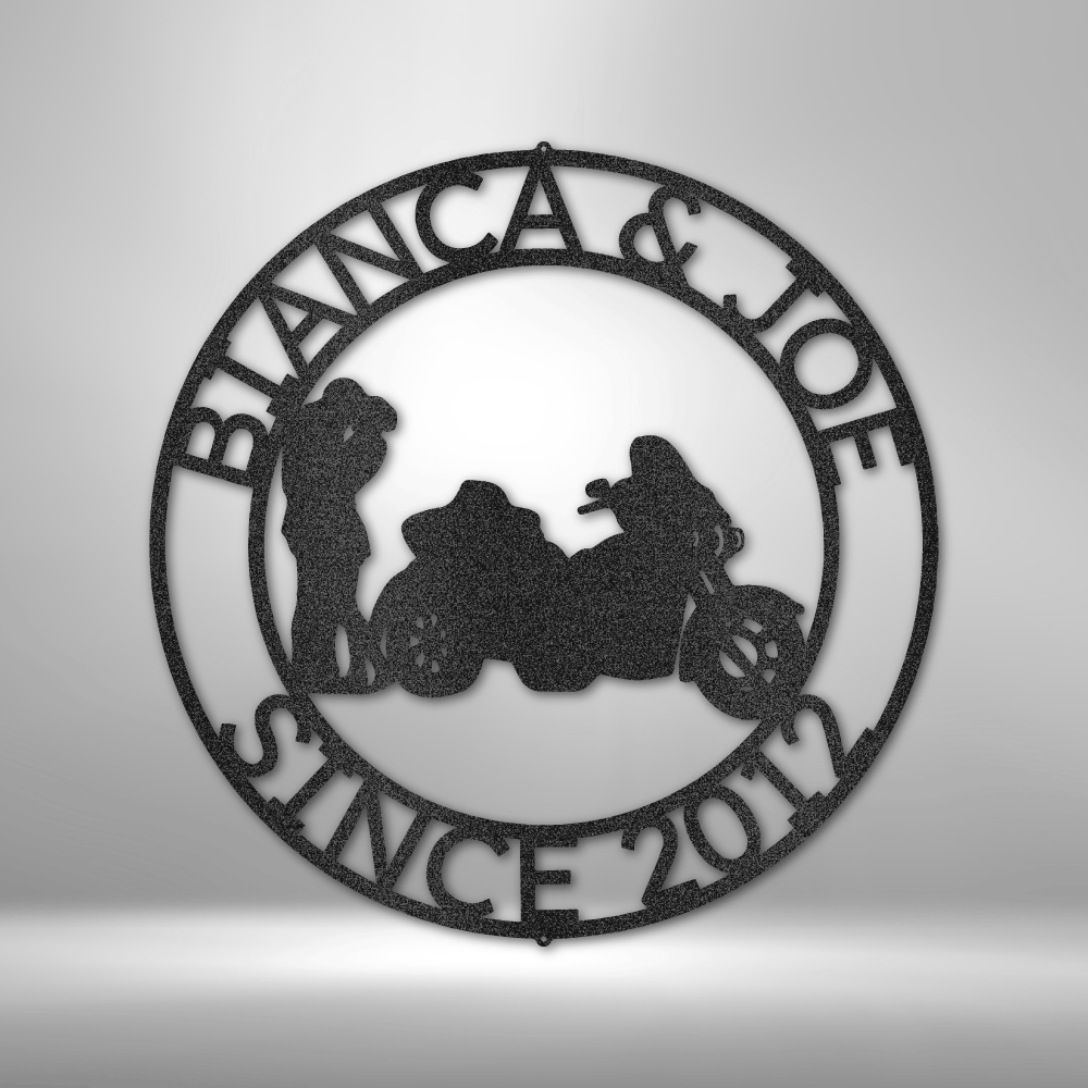 custom steel sign made in usa with motorcycle couple and fully customizable top and bottom text