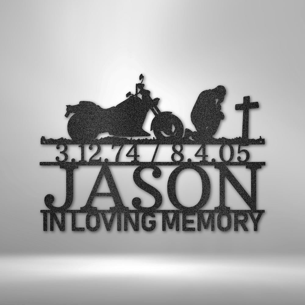 Custom steel memorial sign with kneeling biker, motorcycle, and personalized name