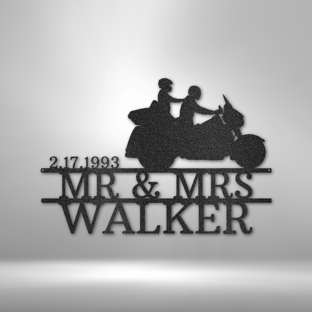Custom steel sign with motorcycle couple and Mr. & Mrs. name personalization
