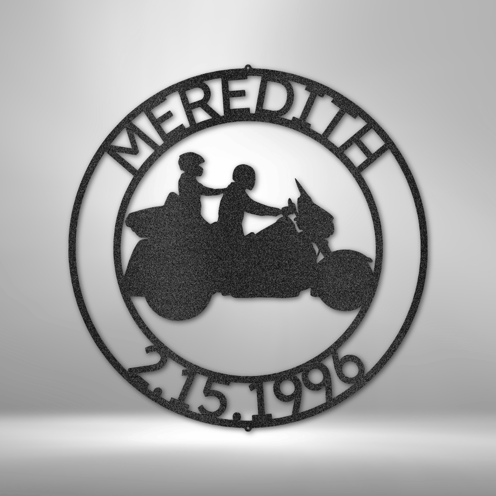 custom steel sign made in usa with biker couple silhouette and fully customizable text fields