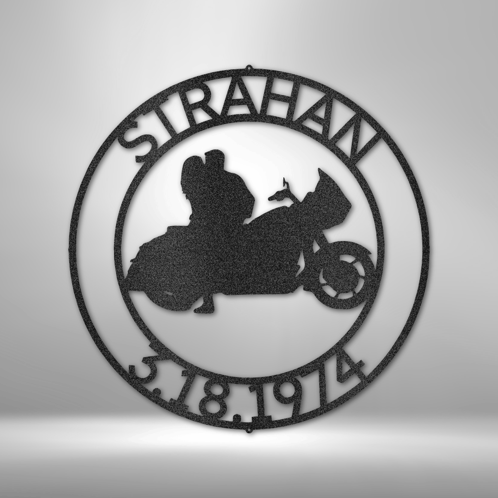 Custom steel sign with Harley-style motorcycle couple silhouette and personalized text