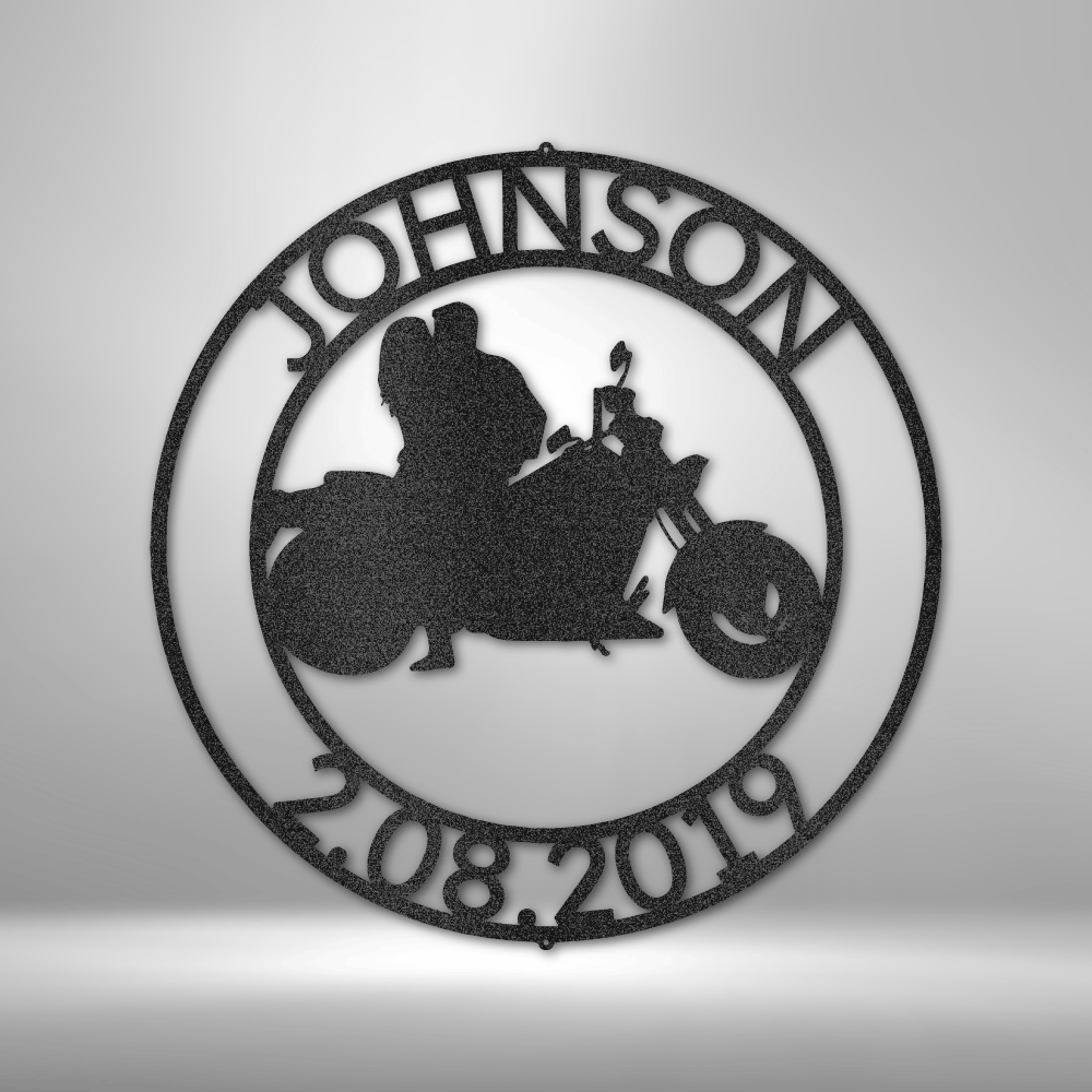 Custom steel sign with V-twin motorcycle couple silhouette and personalized name/date