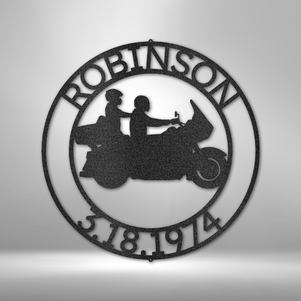 custom steel sign made in usa with motorcycle couple and personalized name and date