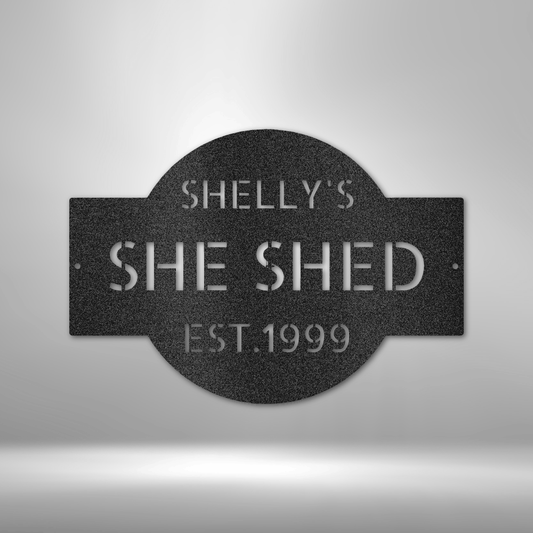 Custom steel sign with 3 fully personalized lines. Create your own shed, garage, or workshop plaque. Tough metal wall art made just for you.