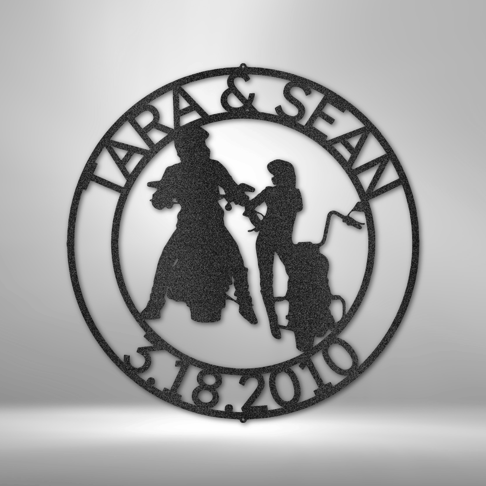 Custom steel sign with biker couple silhouette, each standing beside their motorcycles