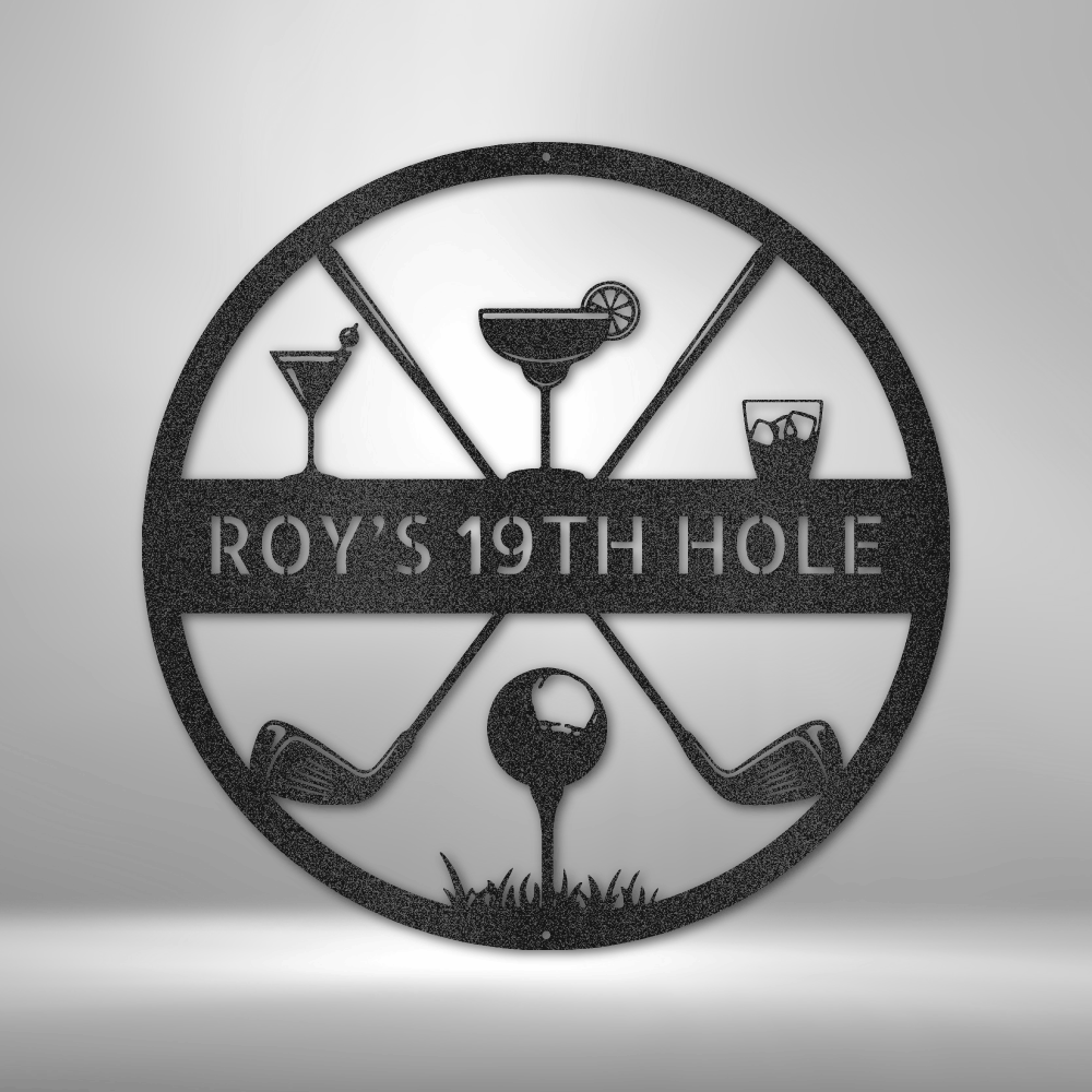 custom steel sign made in usa with golf clubs drinks tee and personalized 19th hole bar name