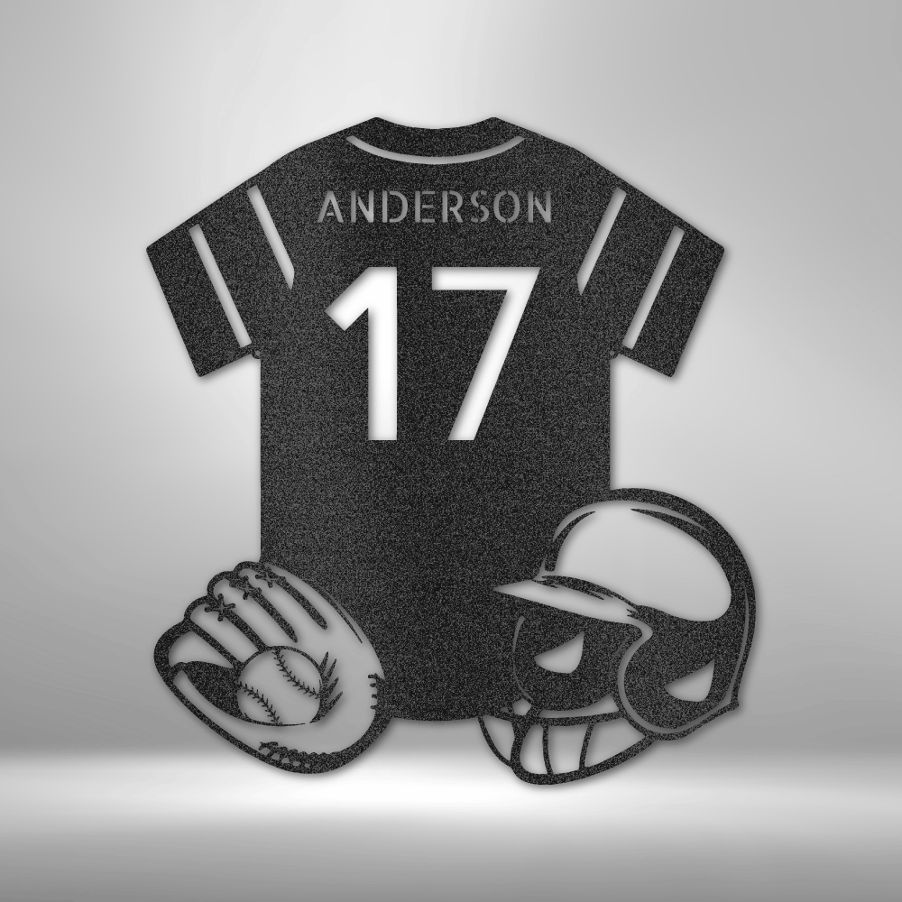 custom steel sign made in usa with baseball jersey glove helmet and personalized name and number