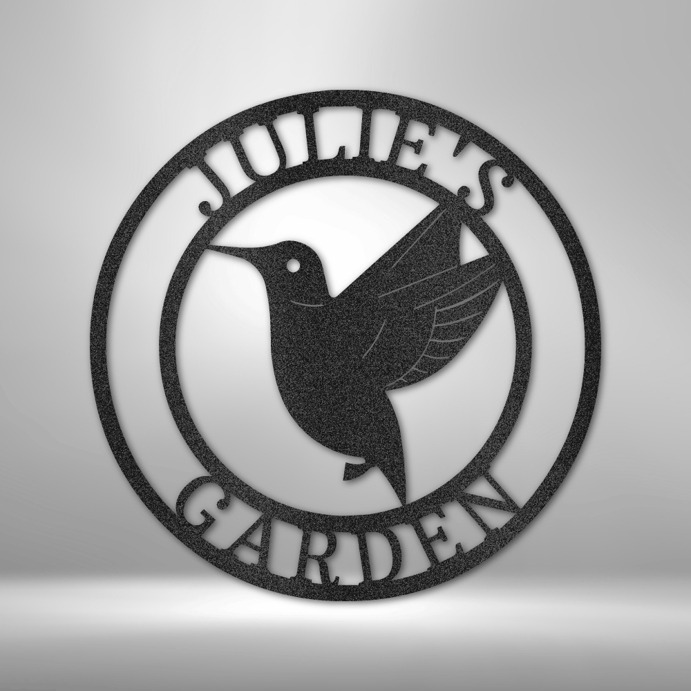 Custom steel garden sign with hummingbird and personalized name or phrase for porches and  gardens.