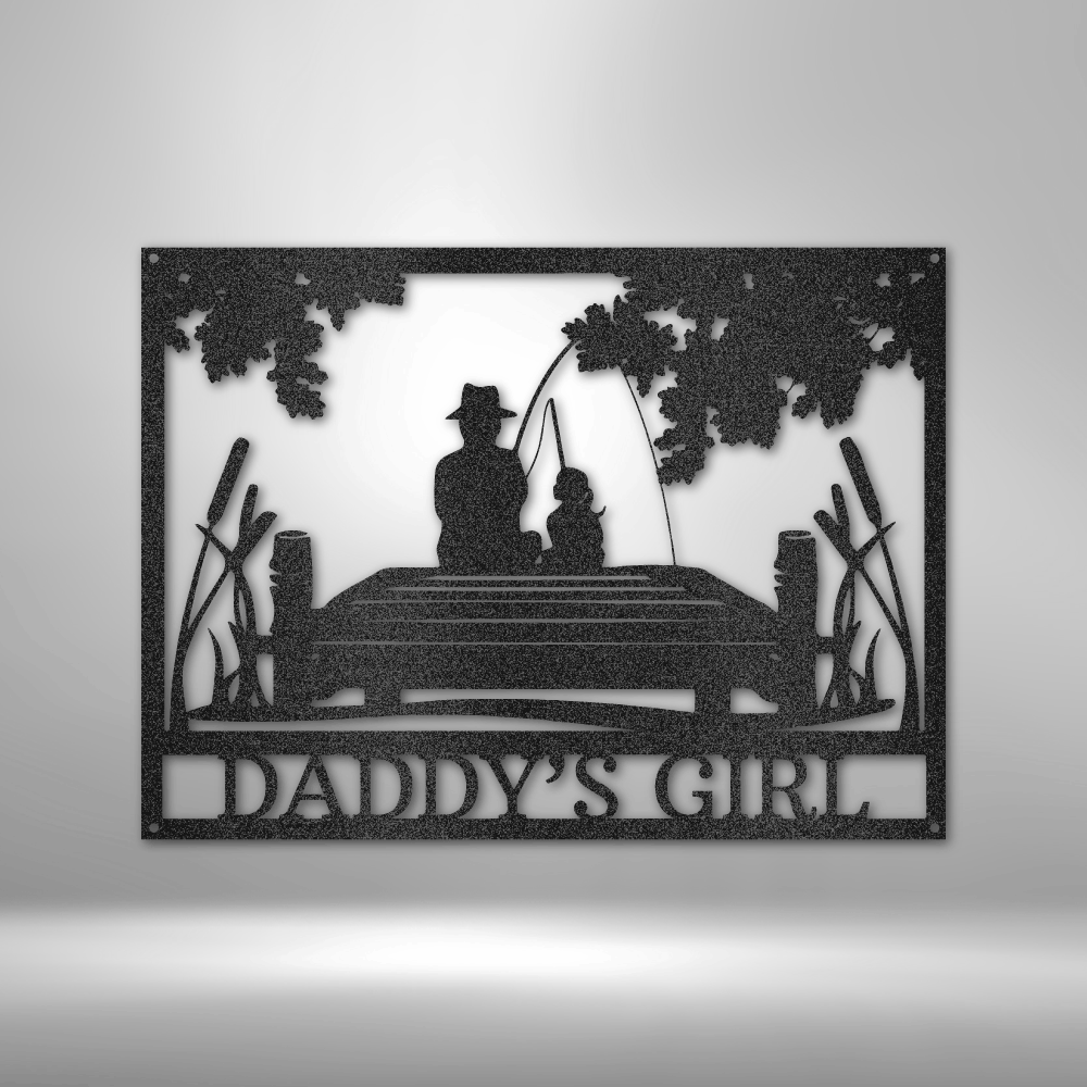 Custom steel sign with father and daughter fishing silhouette and personalized text option