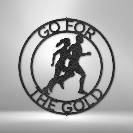 Go For the Gold runner metal wall art with two athletes, motivational decor made in USA