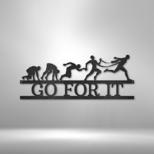 Go For It metal wall art with running silhouettes and motivational phrase, made in USA