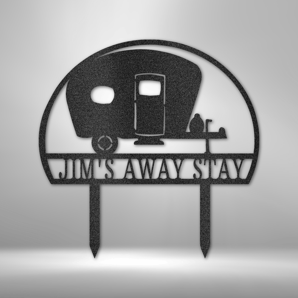 Custom steel camper yard stake with camper silhouette and personalized name