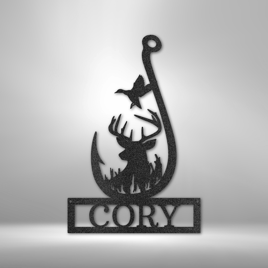 Custom hunting and fishing steel sign with deer, fish hook, duck, and personalized nameplate, outdoor decor made in USA