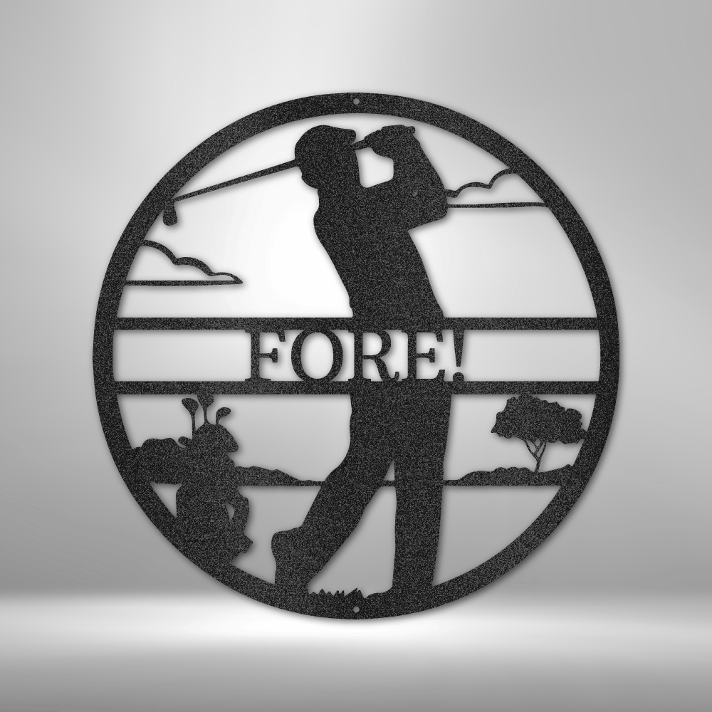 Custom steel golf wall art with swing silhouette and personalized text design
