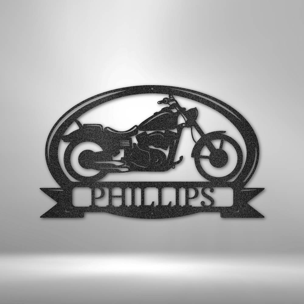 Custom motorcycle steel sign with personalized name banner in oval frame, made in USA