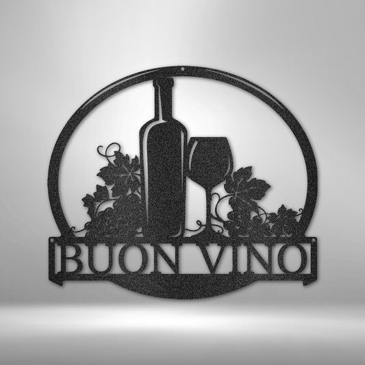 Metal wall art with wine bottle, glass, grapevines, and “Buon Vino” cutout design