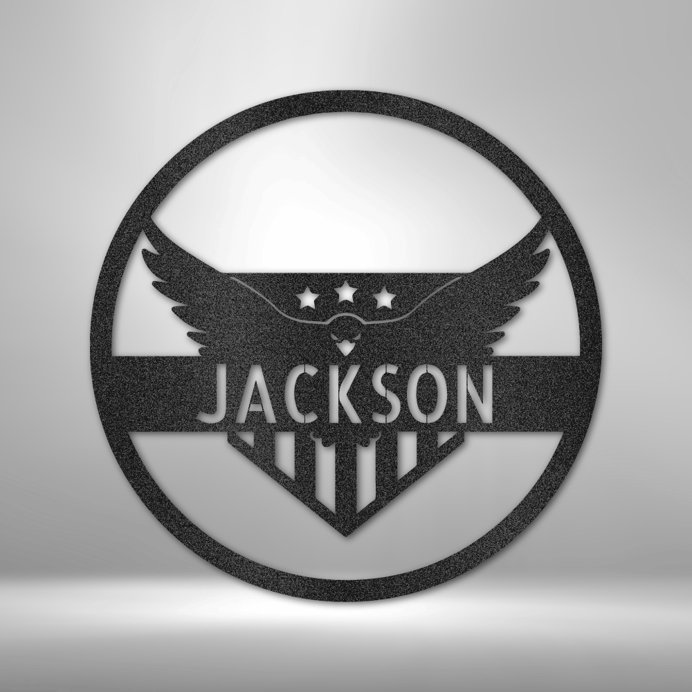 Custom steel eagle emblem wall art with stars, stripes, and personalized name