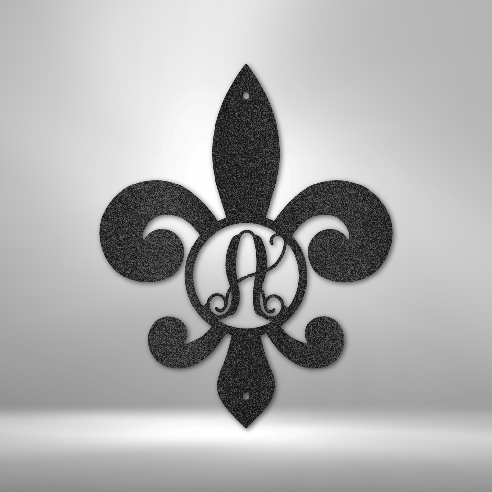 Custom steel fleur-de-lis wall art with personalized initial monogram in center