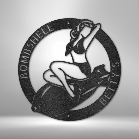 Custom steel wall art with pin-up girl bombshell design and personalized retro text