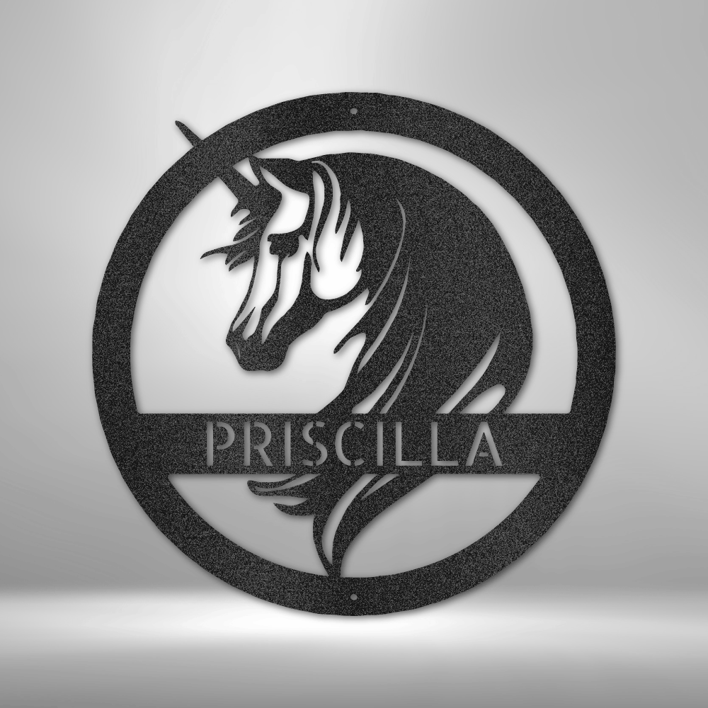 Custom steel unicorn wall art with elegant design and personalized name across center