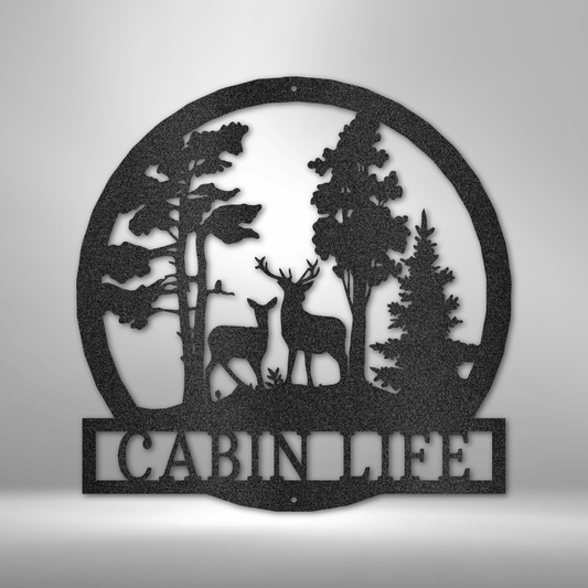 custom steel sign made in usa with deer in forest silhouette and customizable text for cabin decor