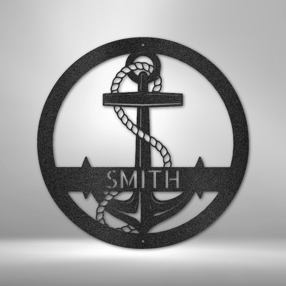 Custom steel wall art with anchor and rope design and personalized nautical name