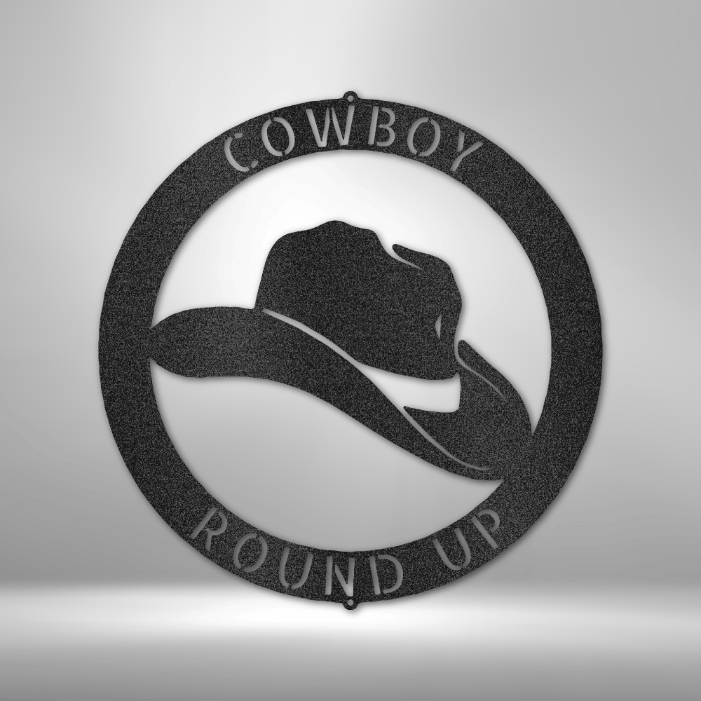Custom steel cowboy wall art with hat silhouette and personalized Western text