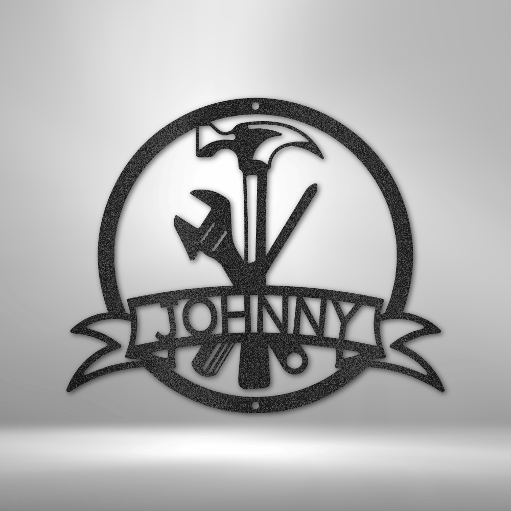 Custom tool-themed steel sign with crossed hammer, wrench, and screwdriver, personalized banner nameplate, garage decor made in USA
