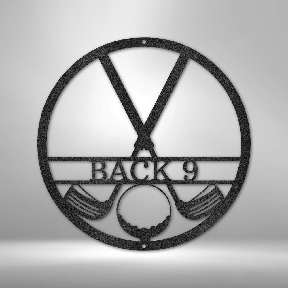 Custom steel golf wall art with crossed clubs, ball detail, and personalized center text
