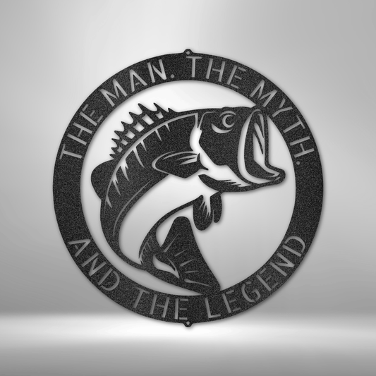 Metal wall art with bass fish and “The Man The Myth The Legend” cutout design