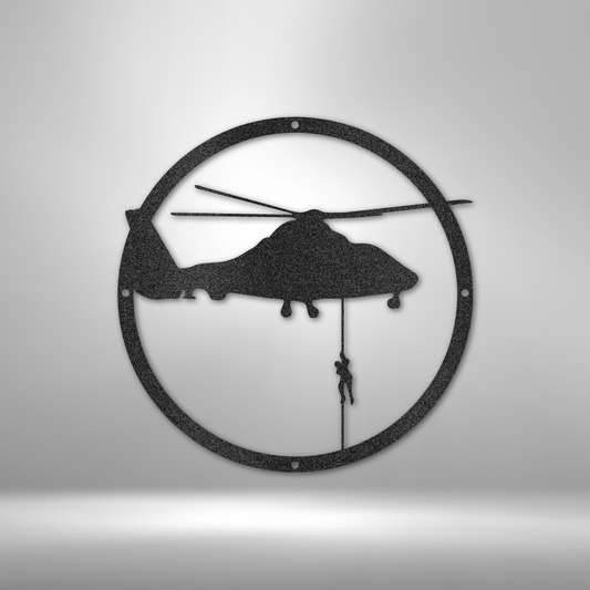 custom steel sign made in usa with helicopter and soldier rope rescue silhouette