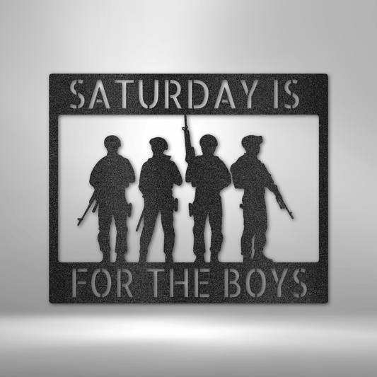 custom steel sign made in usa with armed soldier silhouettes and customizable top and bottom text