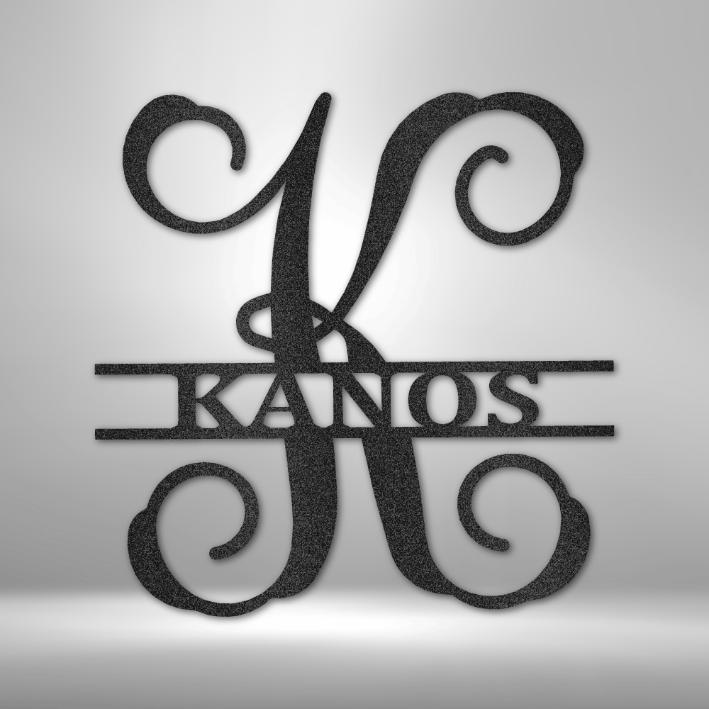 Custom steel scroll monogram wall art with personalized family name across center
