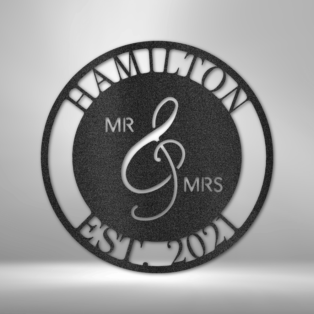 Custom steel wedding sign with fixed Mr & Mrs ampersand and personalized name and date