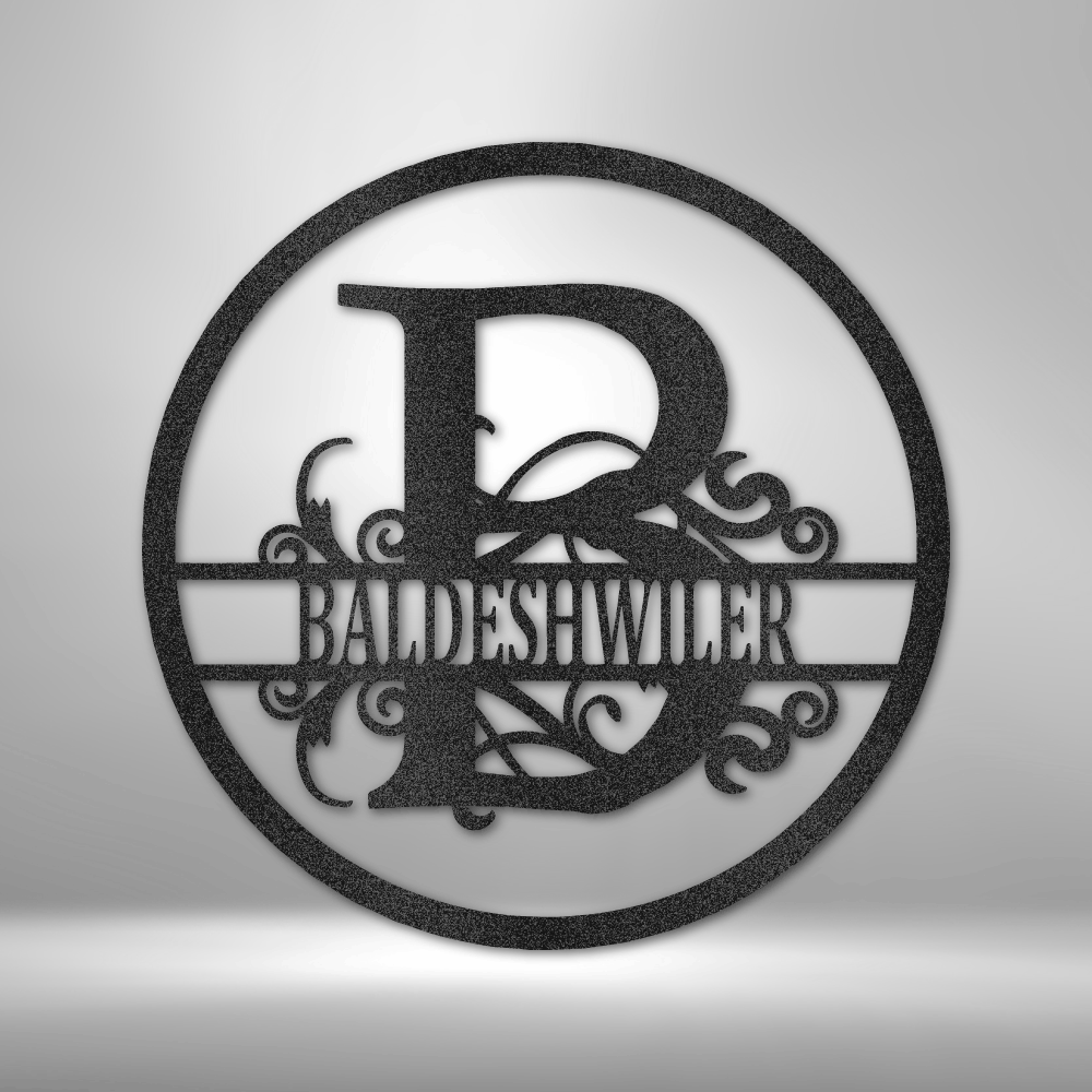 Custom round monogram steel sign with personalized family name and decorative accents, made in USA
