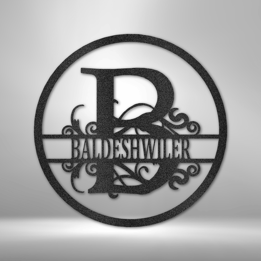 Custom round monogram steel sign with personalized family name and decorative accents, made in USA