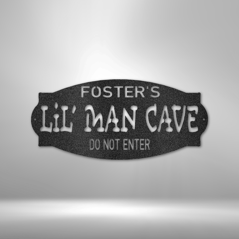 custom steel sign made in usa with lil man cave design and personalized top and bottom text