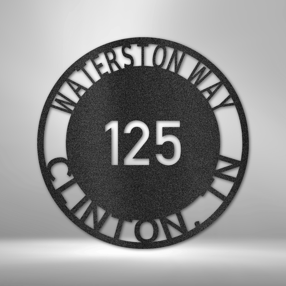 Custom steel address sign with house number and personalized circular street name text