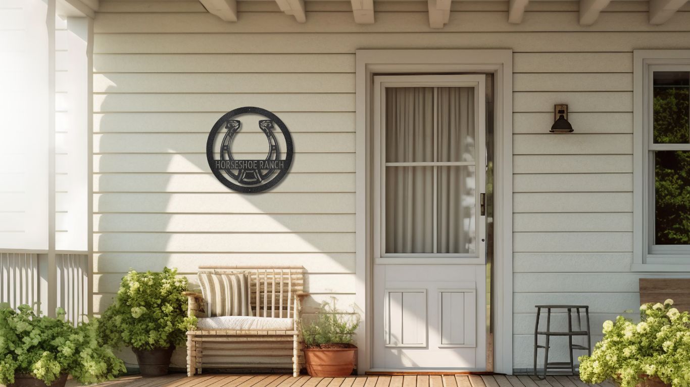 Custom steel sign on farmhouse style porch wall – personalized metal wall decor made in USA for indoor and outdoor use.