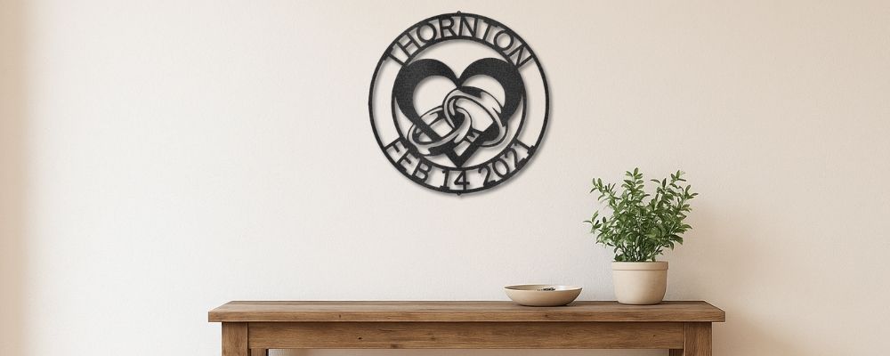 Beautiful custom steel sign showing a heart with two wedding bands connected in shape of infinity design with an outer ring showing personalized name and special date.