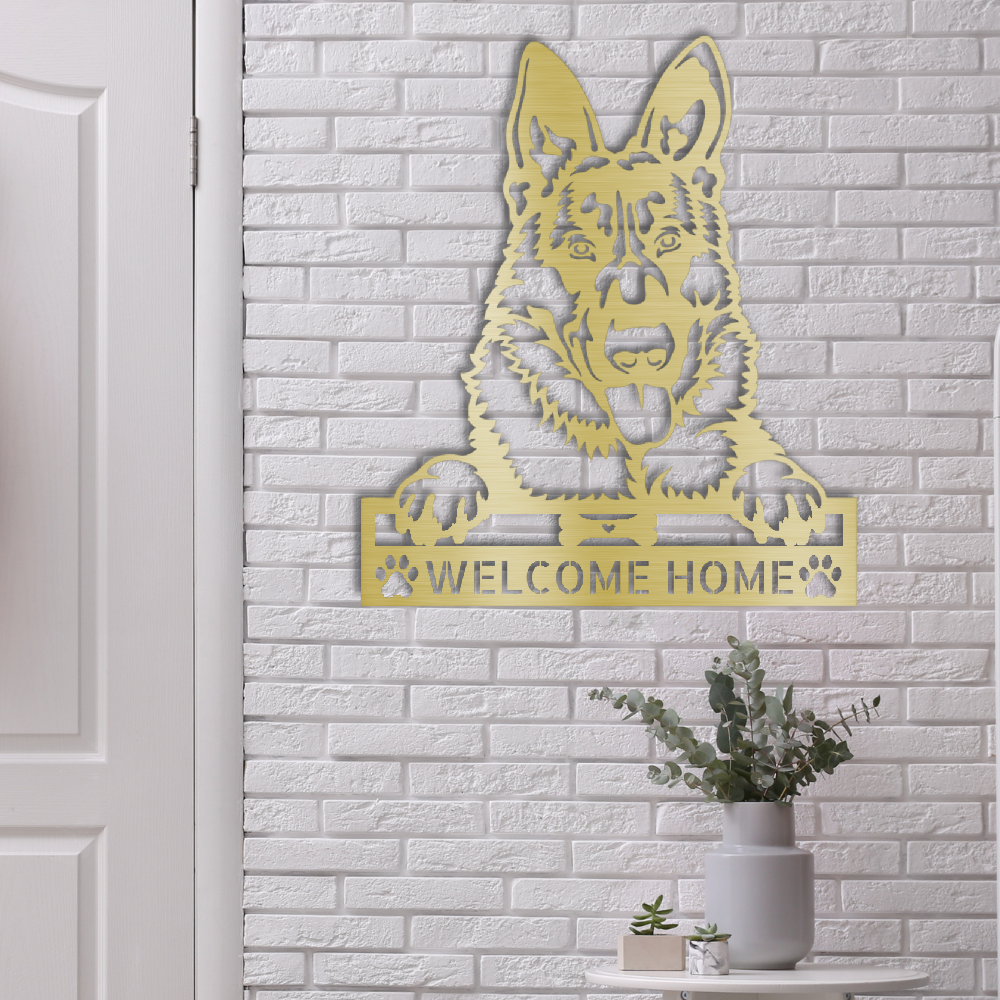 Personalized custom steel sign with German Shepherd design. Add your own text to this Made in USA dog wall art. Free shipping included. Mockup shown in gold.