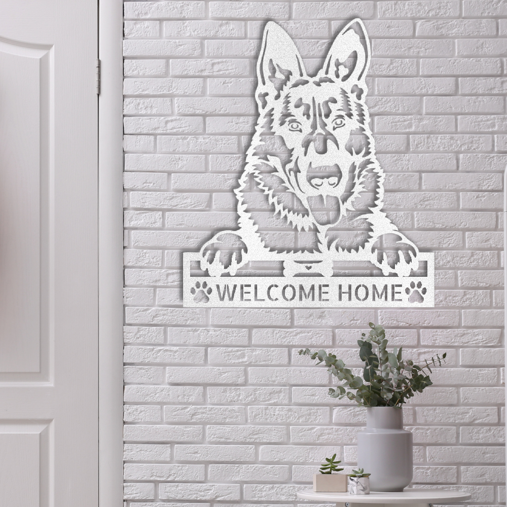 Personalized custom steel sign with German Shepherd design. Add your own text to this Made in USA dog wall art. Free shipping included. Mockup shown in white.