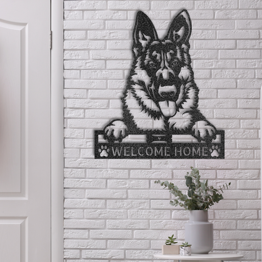Personalized custom steel sign with German Shepherd design. Add your own text to this Made in USA dog wall art. Free shipping included. Mockup shown in black.
