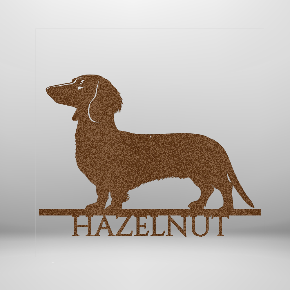 Custom Steel Sign: Dachshund Nameplate for Dog Lovers - mockup in copper/brown.