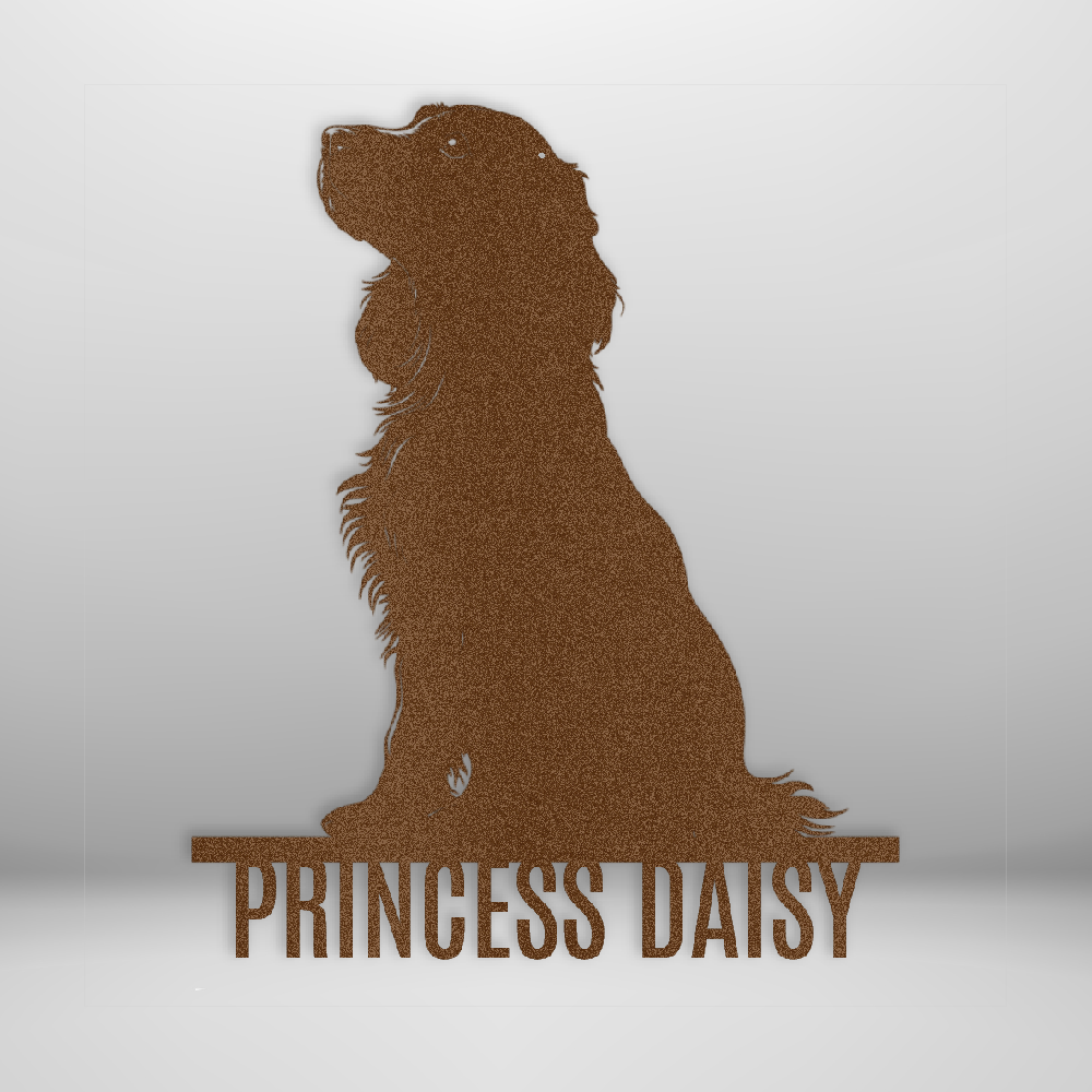 Custom Steel Sign: Cocker Spaniel Wall Art with Dog Name - mockup in copper/brown.