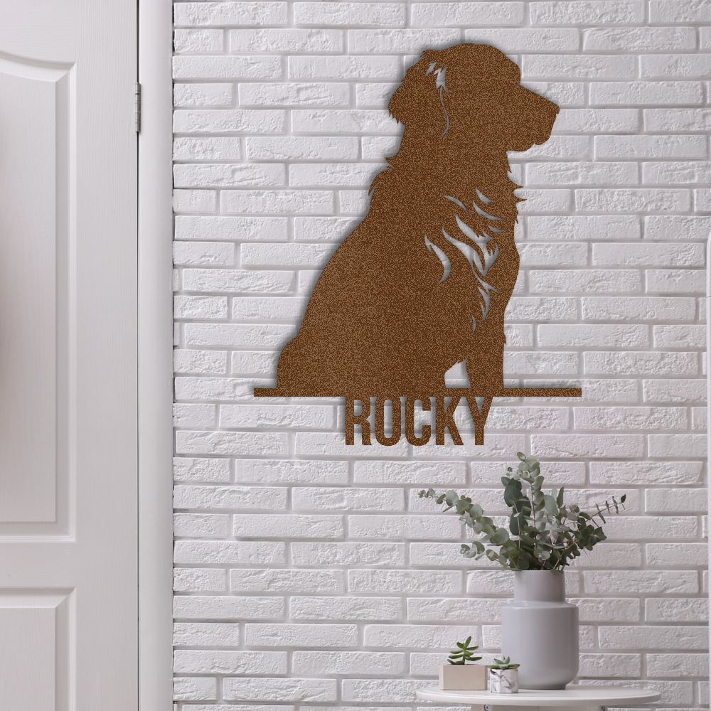 Custom Steel Sign: Golden Retriever Dog Name Metal Wall Art - lifestyle mockup in copper/brown.