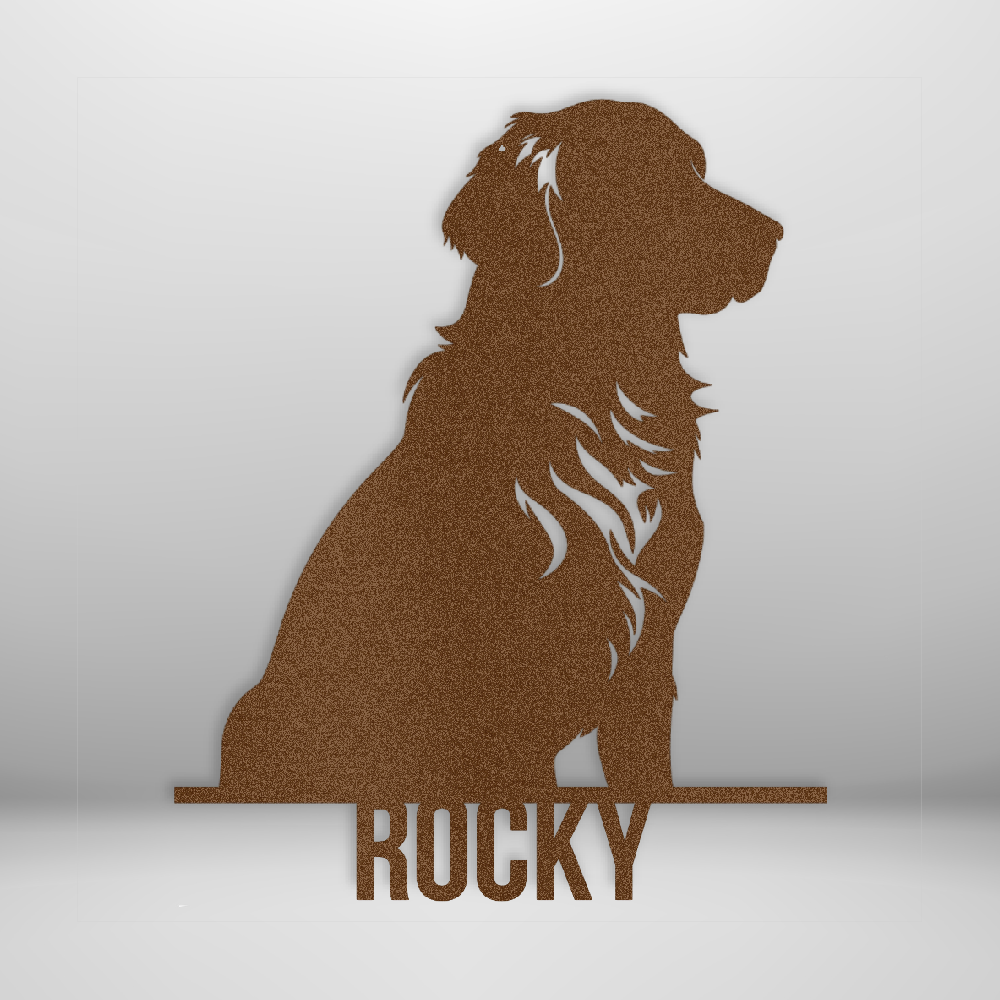 Custom Steel Sign: Golden Retriever Dog Name Metal Wall Art - mockup in brown/copper.